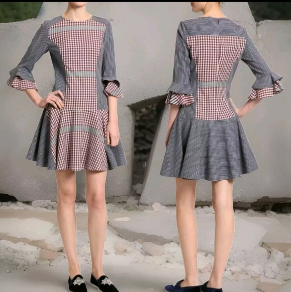 Badgley Mischka Plaid Ruffled Sleeve Mini Day Dress Small Casual Western Outfit